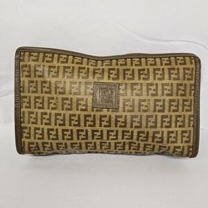 Fendi Zucca Monogram Canvas And Leather Zippered Cluch Bag In Camel And Brown